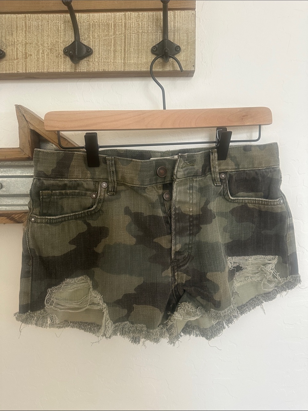 Free People Camo Distressed Women's Denim Shorts - Olive Green